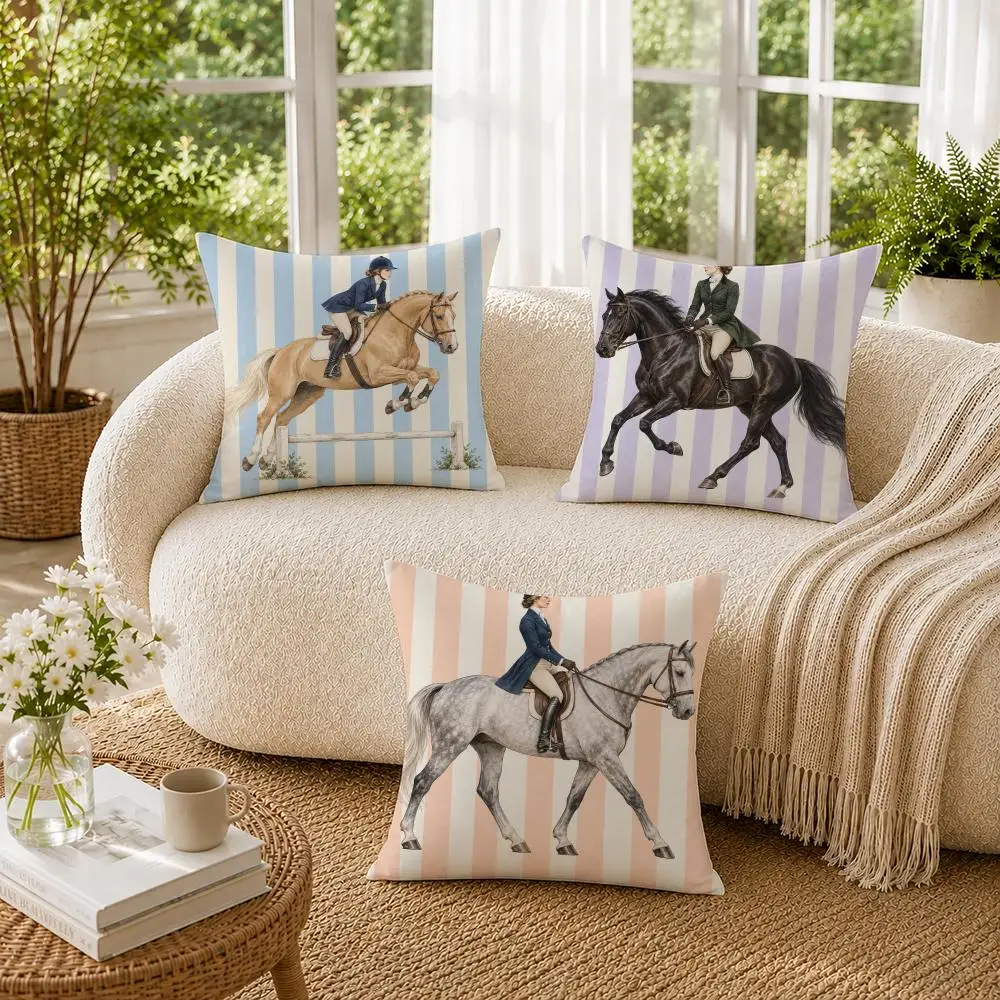 Equestrian Throw Design Striped Pattern Cushion Cover Double-Sided Plush Sofa Pillow Cover Organic Breathable Invisible Zipper