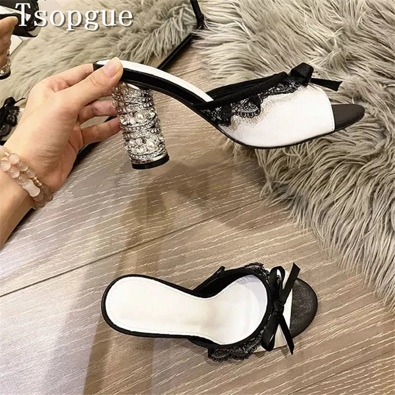 Women Romantic Lace Bow Decor High Heel Slippers Open Toe Rhinestone Pearl Chunky Heel Mules Fashion Party Wedding Shoes
