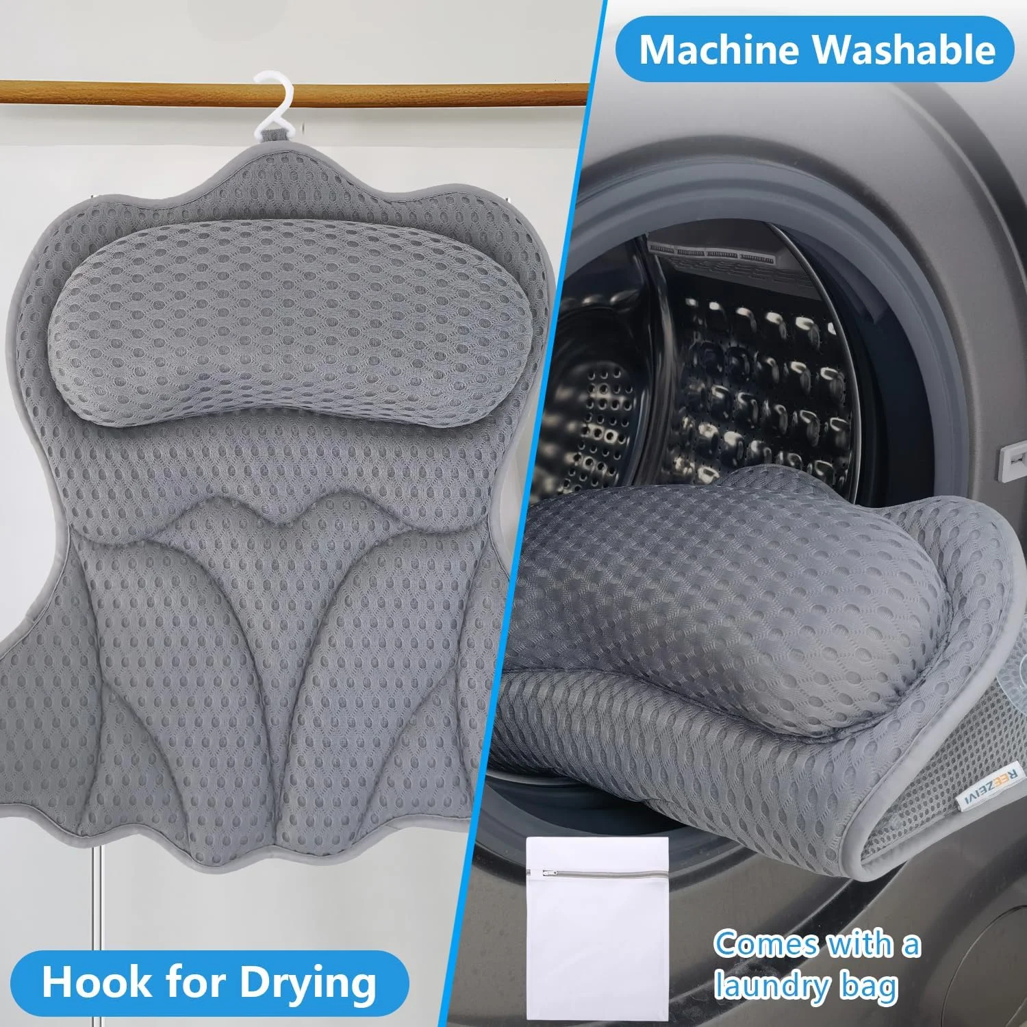 Bath Pillows for Tub,Thick Neck Back Support Bathtub Cushion,Gray | 4D breathable body-fitting mesh, 6 strong anti-slip suction