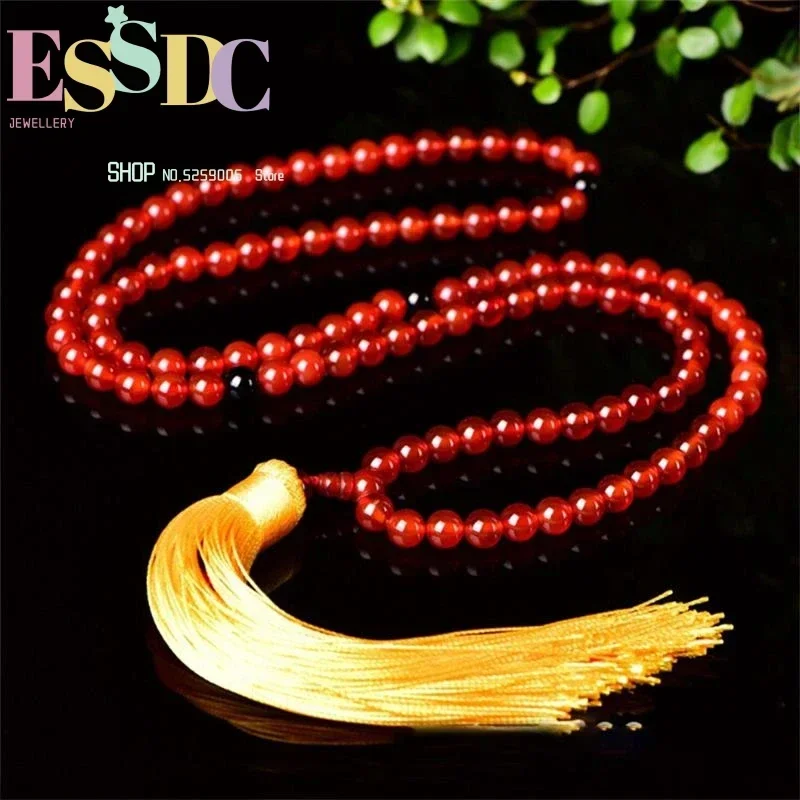 8mm Natural Red Onyx 108 Beads Mala Yellow Tassels Beautiful Women's Long Bracelet or Necklace Yoga Meditaton Jewelry Wholesale