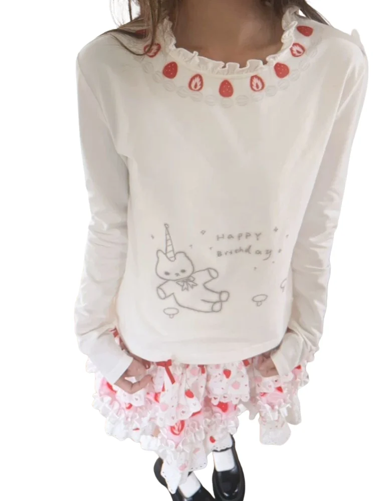 Harajuku Sweet Strawberry Cat Print Ruffle Collar Long Sleeve T-Shirt Women Clothing Tops Kawaii Girls Y2k Grunge Cutecore Tee