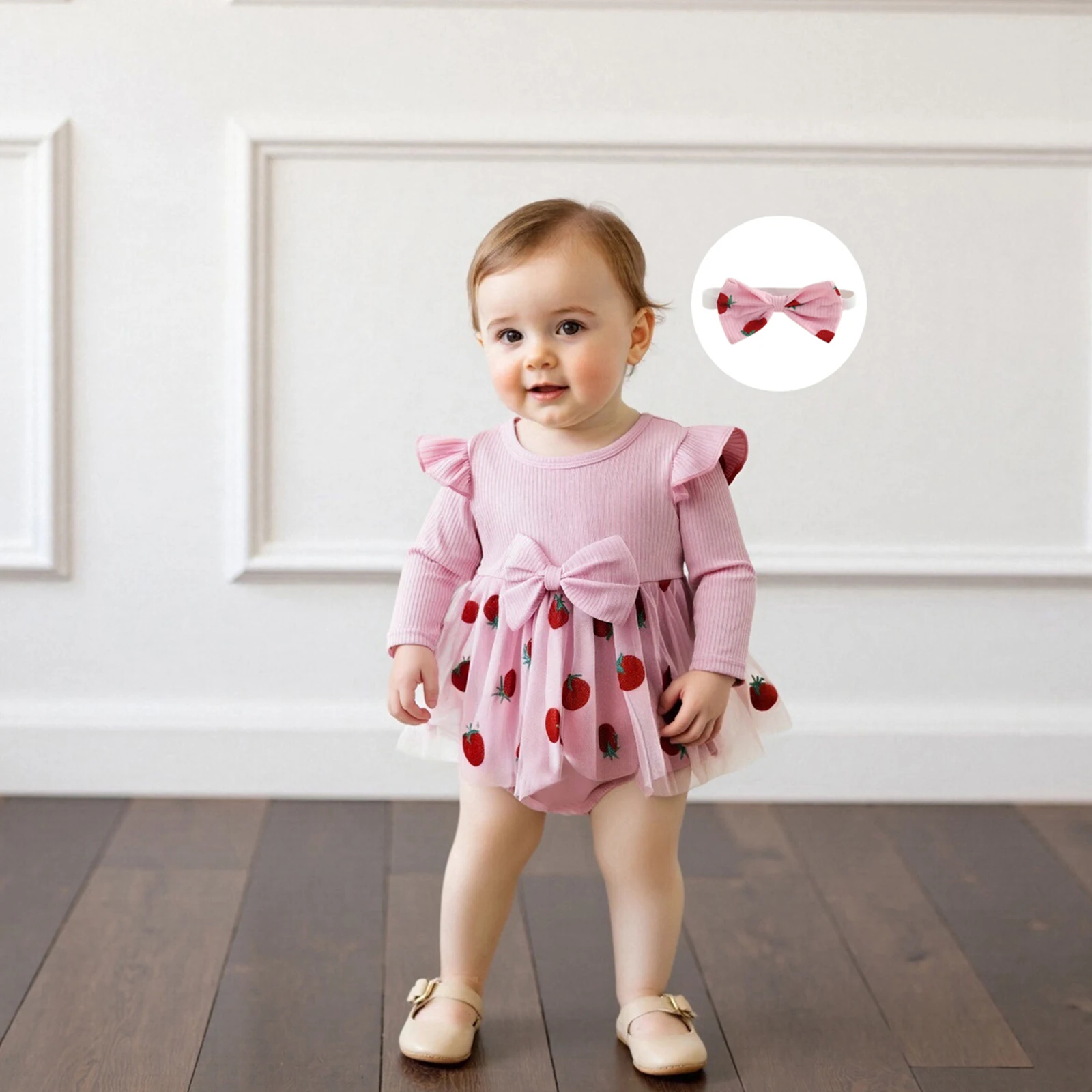 

Baby Clothing Girls 2Pcs Outfits Long Sleeve Bow Front Strawberry Print Romper with Headband Set Newborn Clothes
