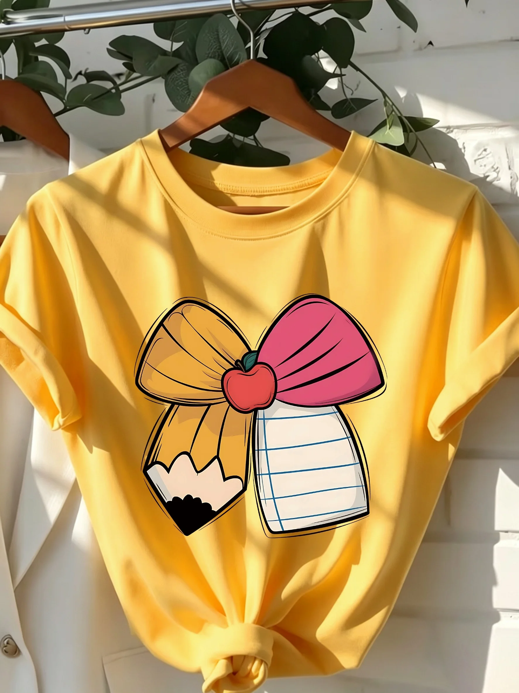 Playful Teacher Gift, Apple Bow Printed T-shirt, Casual Round Neck Short Sleeved Cotton Top, Fashionable Women's Clothing