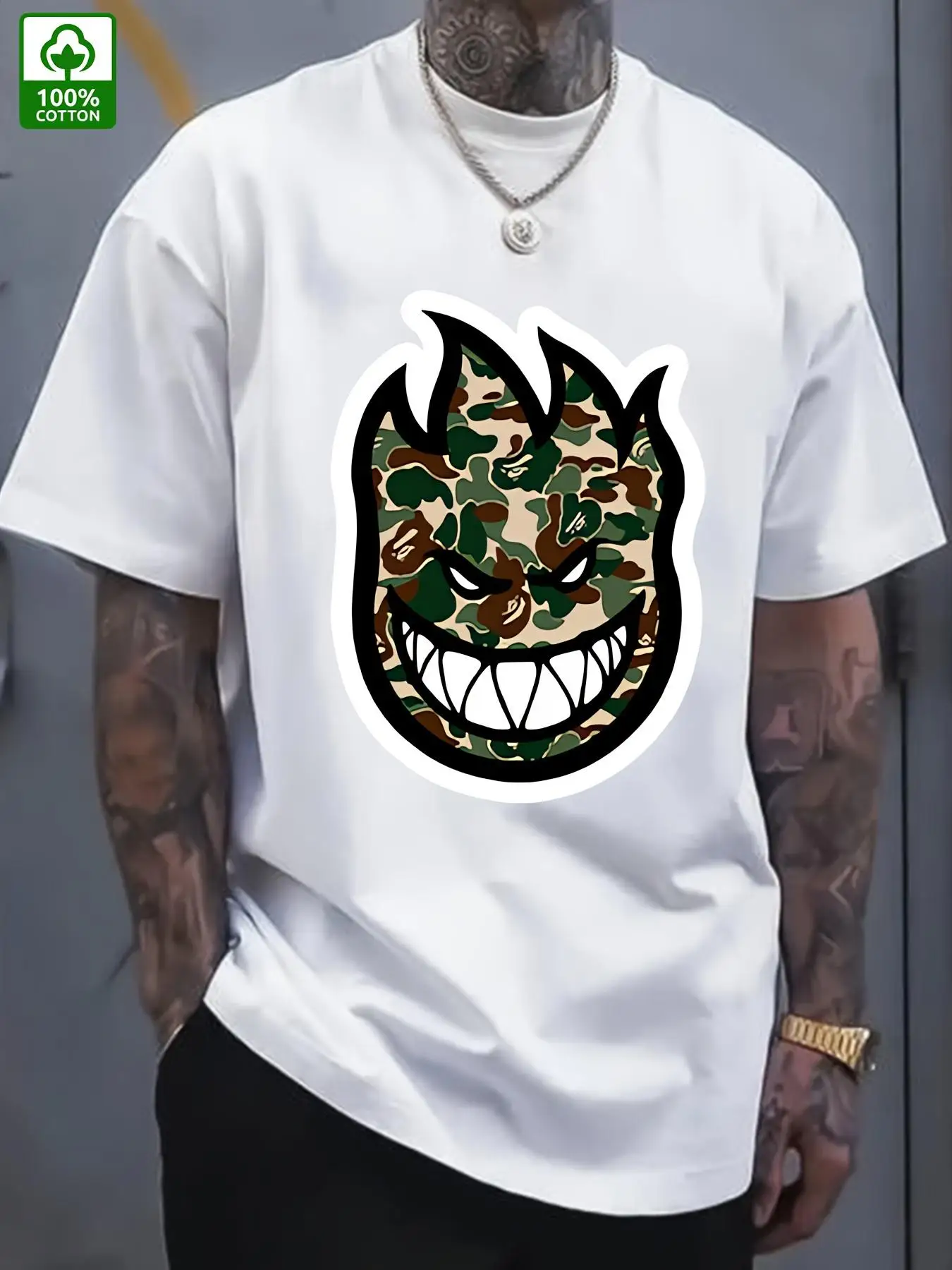 Men's Summer Casual Short Sleeve T-Shirt - Demon Flame Happy Face and Camouflage Print Design, 100% Cotton Loose Round Neck Top, Outdoor Daily Wear, Machine Washable, Summer T-Shirt, Fashion Pattern Shirt, Breathable Fabric