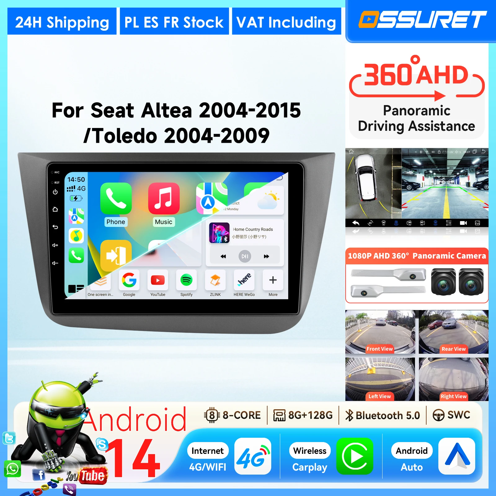 OSSURET Autoradio Android 14 con Carplay Wireless per Seat Altea 2004-2015 e Toledo 2004-2009, Lettore Multimediale 2Din con Telecamera 360, DSP, RDS,
