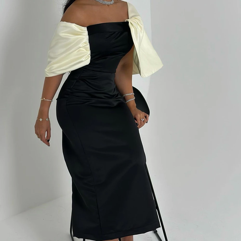 CustomizedClassic Contrast Color Pleat Boat Neck Ankle Length Straight Платье Вечернее Satin Off The Shoulder Girdling Vestidos