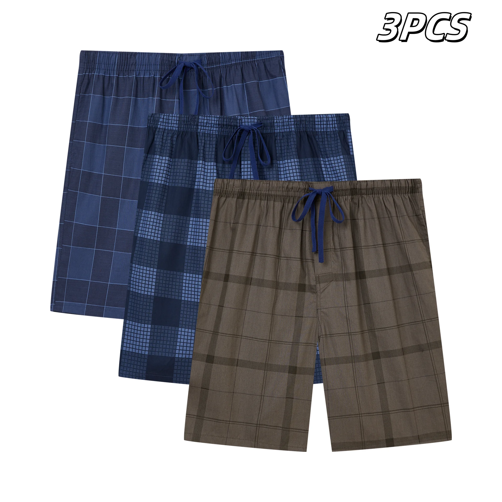 3pcs Men's Summer New Pyjama Pants Casual Cotton Plaid Loose Home Pajama Bottoms Men’s Elastic Waistand Breathable Shorts