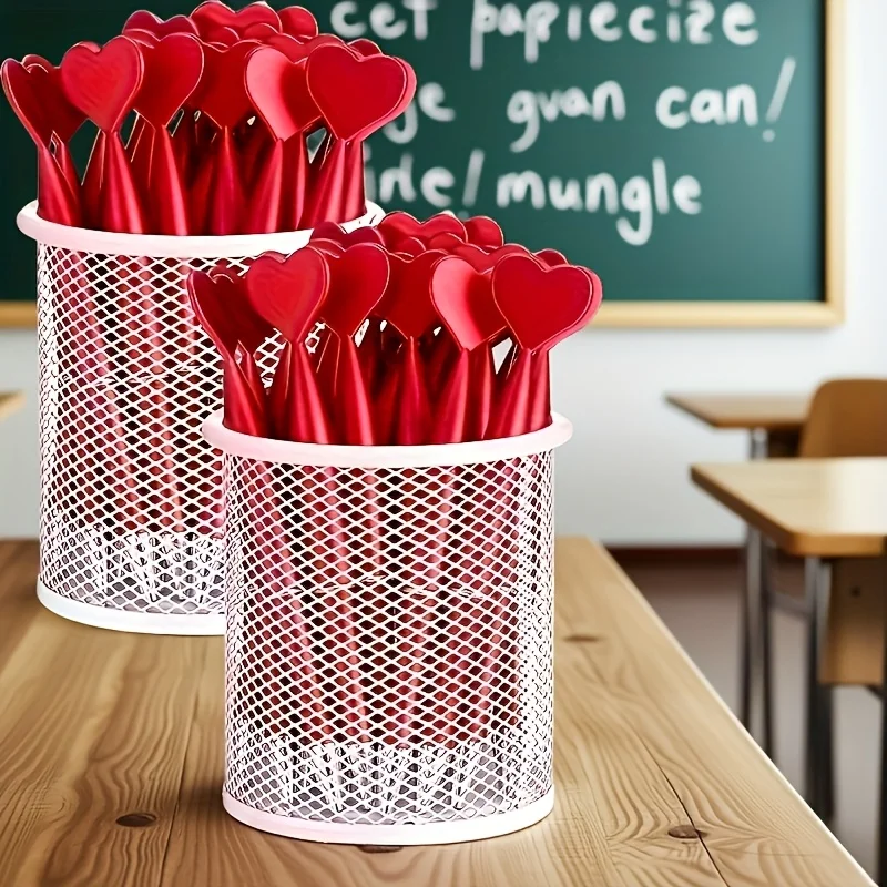 

red heart-shaped retractable ballpoint pens,ergonomic oval design,twist-to-close mechanism,ideal for office and school use