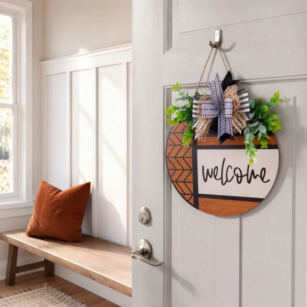 Ornaments Wooden Welcome Sign Artificial Plant Round Shape Door Wreath Bow Knot Welcome Wall Art Porch Decor