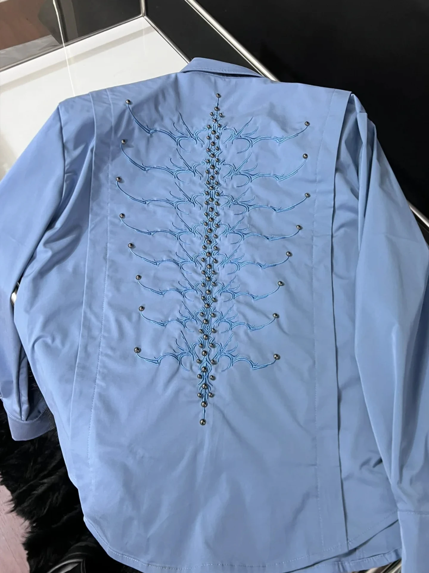 Rivet Spine Embroidery Loose Long Sleeve Men's Shirt American Style Heavy Duty Casual Fashion Outerwear Jacket Coat
