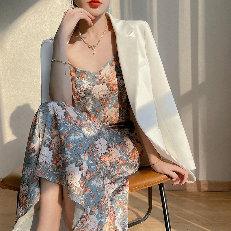 Capispalla da donna estivo in raso di seta Dr Spwear Slim Fit Lungo Dr V-ne Gonna a trapezio a vita alta Abito senza maniche