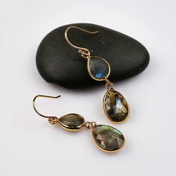 BOROSA Vintage Golden Labradorite Faceted Teardrop Dangle Earrings Art Deco Modernism Teengirl Earring Anniversaries Jewelry