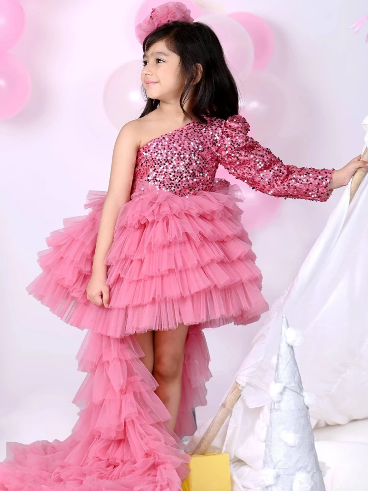 Customized Flower Girl Dresses Dark Pink Sequin Tiered With Trailing For Wedding Birthday Prom Party Banquet Evening Ball Gown