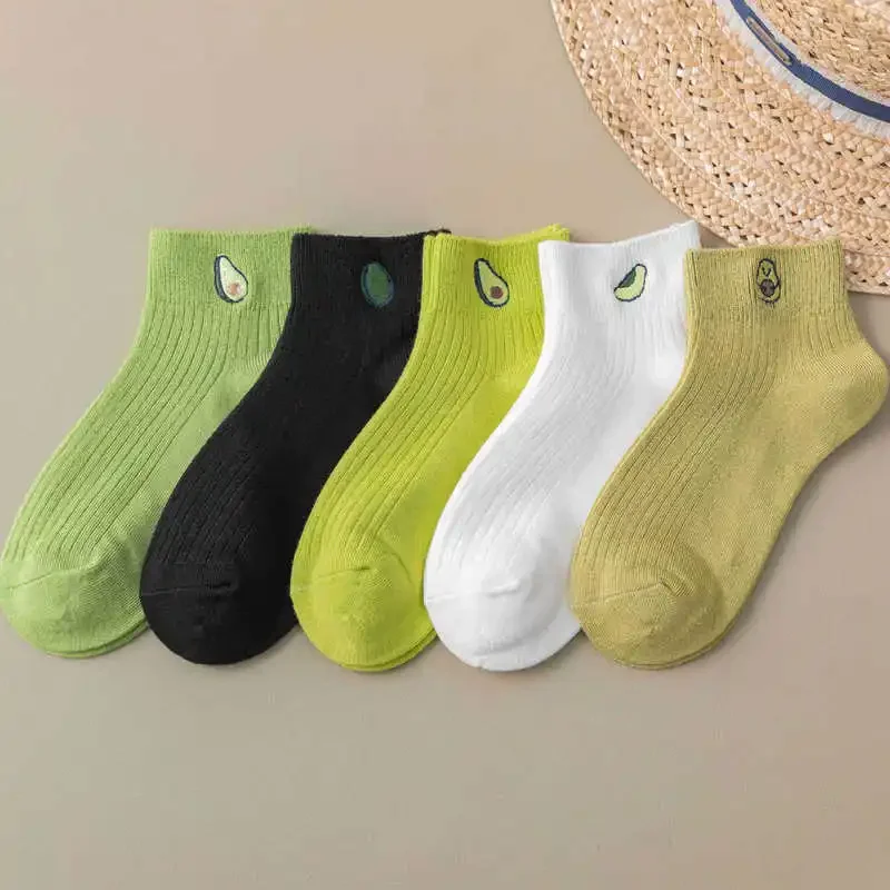 

Women Solid Avocado Embroidery Casual Cotton Short Socks Ladies Concise College Style Breathable Sox Fashion Trendy Accessories