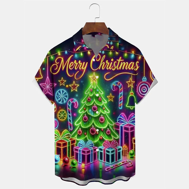 3D Print Neon Theme Christmas Tree Graphic Hawaiian Shirts New Year Merry Christmas Short Sleeve Button Shirt Xmas Trend New Tee