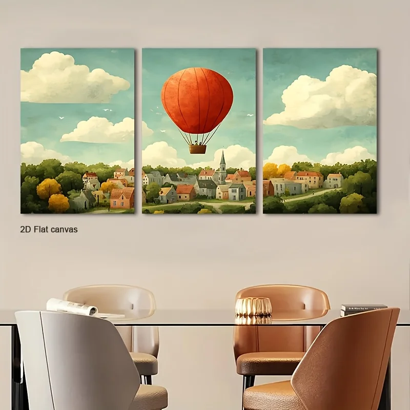 Frameless Canvas 3pcs Framed Red Balloon Over Canvas Wall Art - Wrapped Canvas Frame With Scenic & Floating Balloons, Ready-