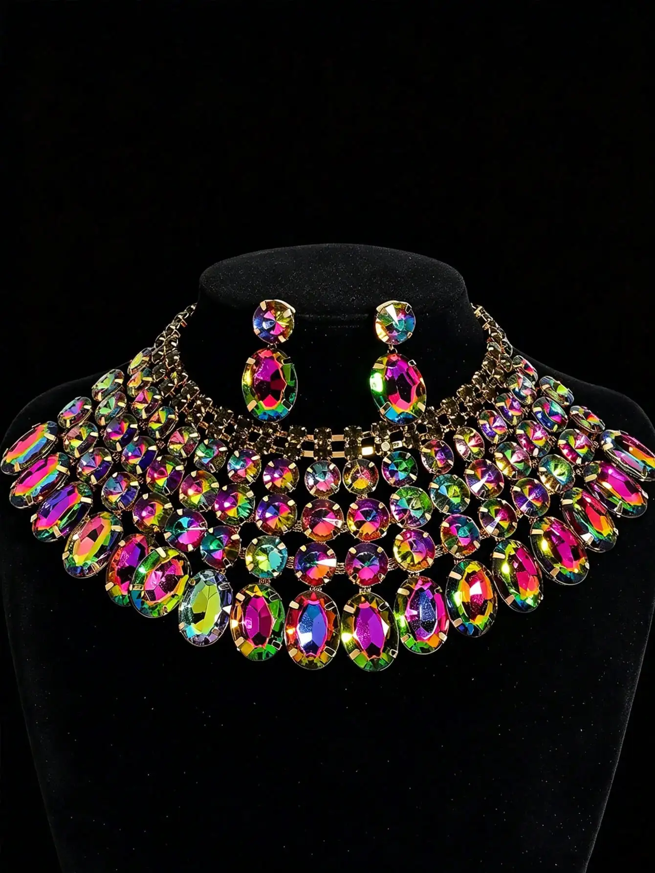 Luxuriöses, übergroßes Statement-Schmuckset für Damen, übertriebene Regenbogen-Halskette und Ohrringe im Set für Party, Abschlussball, Hochzeit – Detail 5