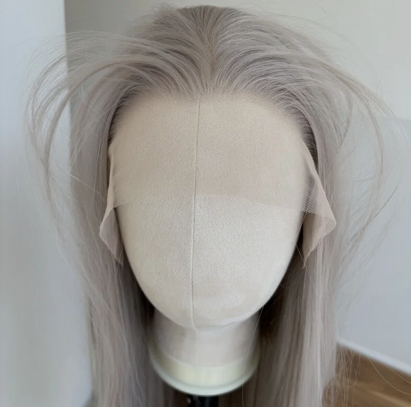 Long Straight Layered HD Lace Front Wig Women Synthetic Hair Silver grey