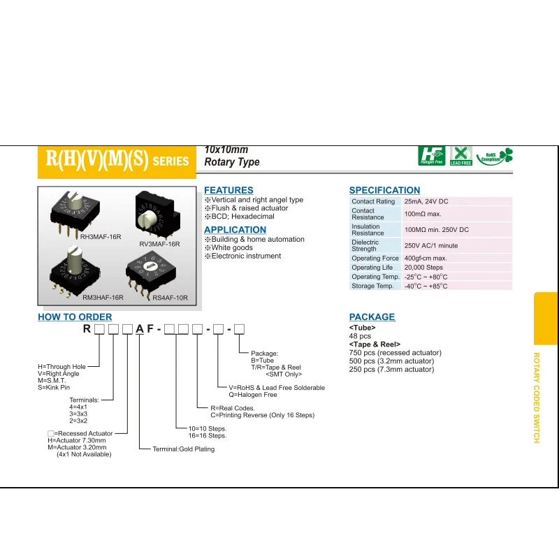 1PCS/LOTS Taiwan DIP Yuanda RH3AF-10R-V-B Rotary Switch 10 Positions Dial Code 0-9 Coding 3:3 Legs