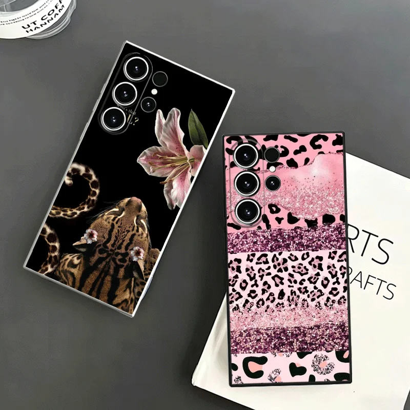 Pink Leopard Print Soft Phone Case For Samsung S24 S25 S26 Ultra S23 S22 Plus S21 S20 FE Edge + Black White Couple Cover