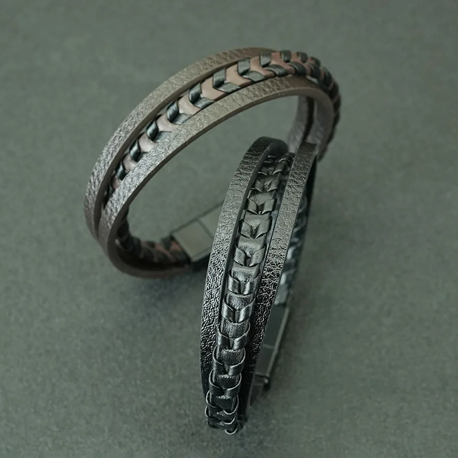 Hiphop Rock PU Leather Bracelet Man Apparel Accessories Three Layers Magnetic Clasp Chain Charm Braslet Punk Homme Hand Jewelry