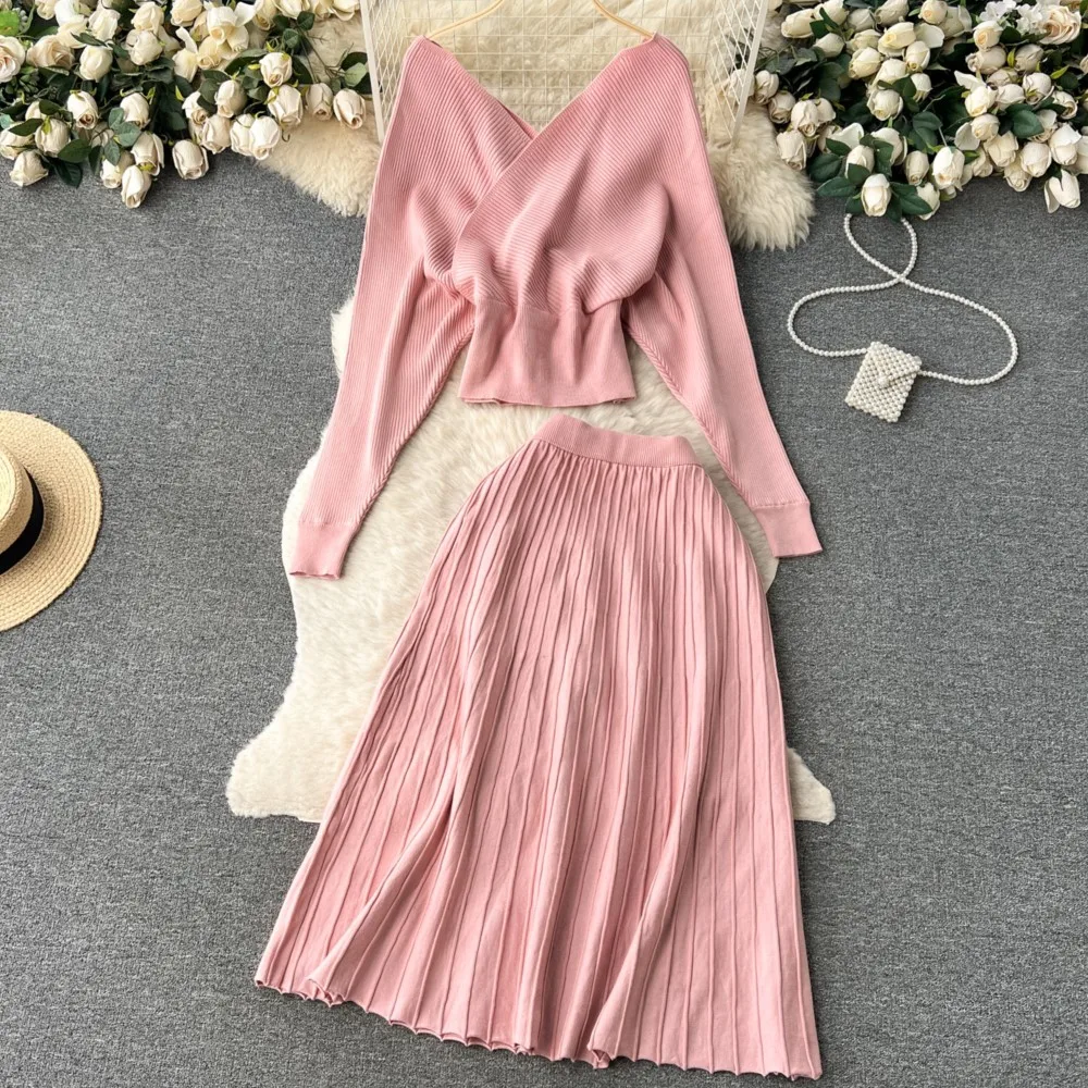 Women Sexy Elegant Knitted Skirts Suit Long Sleeve Crop Tops A-Line Saya 2 Pieces Set Femme Fashion Korean Sweater Outfits Cloth