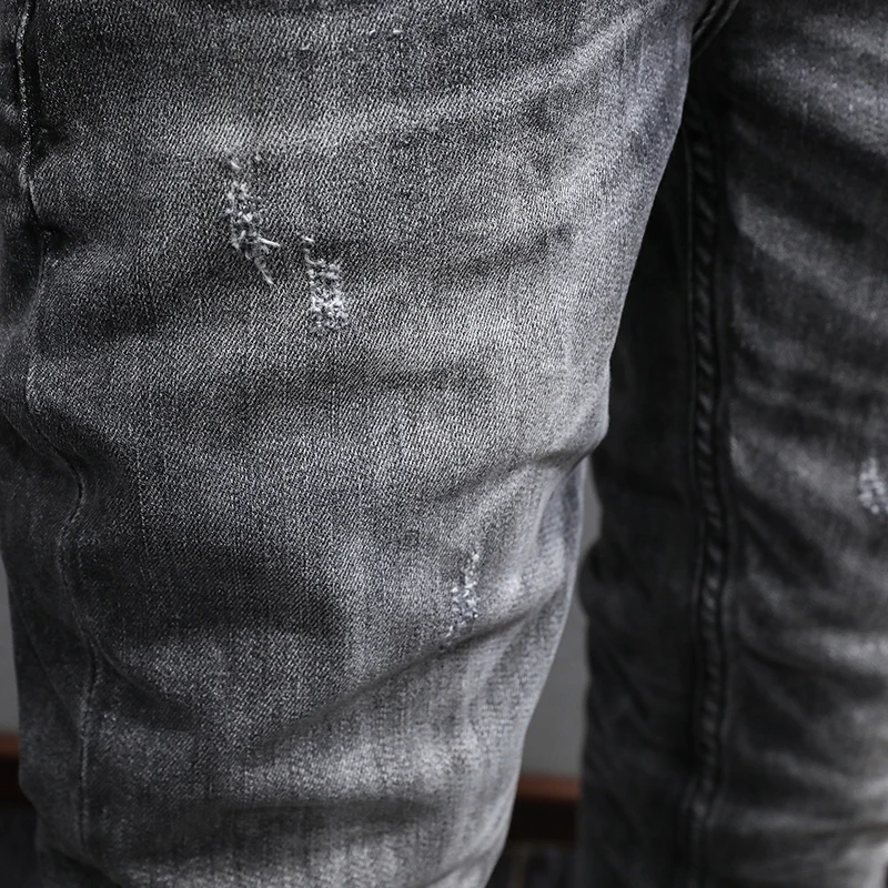 Fashion Designer Men Jeans High Quality Retro Black Gray Stretch Slim Fit Ripped Jeans Men Vintage Casual Denim Pants Hombre