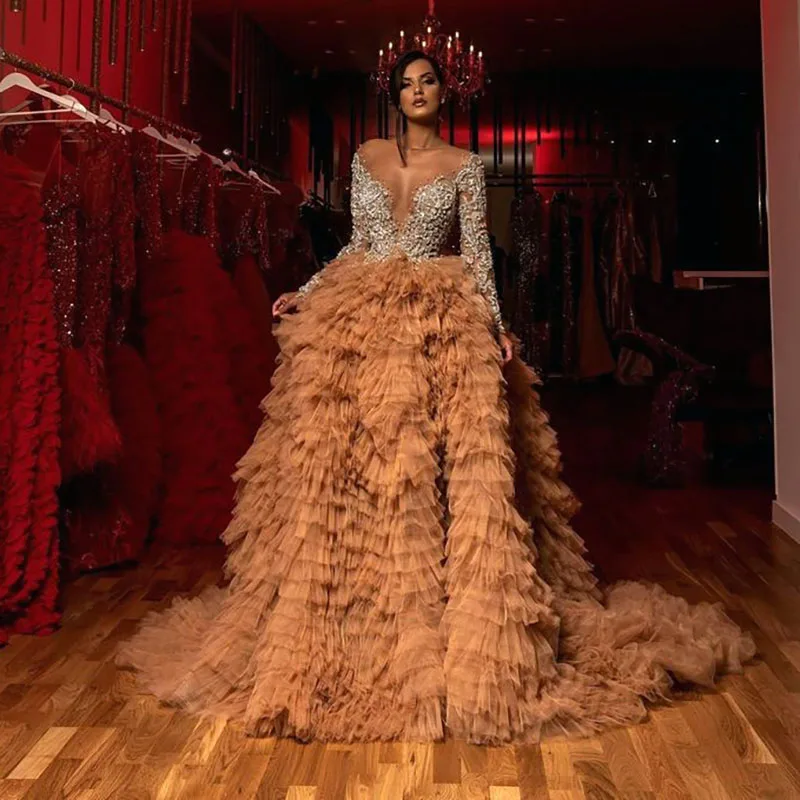 

Gorgeous Crystal Appliques Evening Dresses for Graceful Women Elegant O-Neck Long Sleeve Chapel Train Organza Gowns Formal Dress