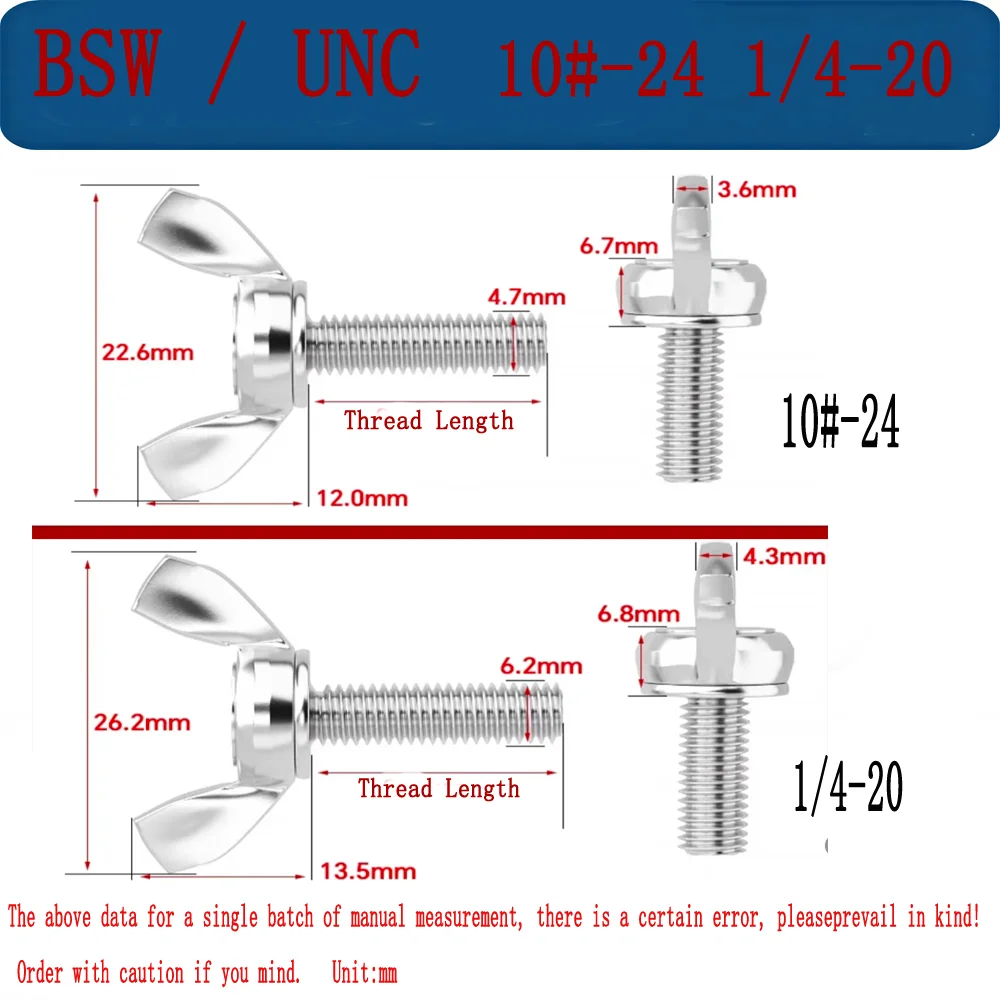 BSW / UNC 10#-24 1/4-20 304 A2 Stainless Steel Hand Tighten Screws Butterfly Bolts Adjustable Wing Thumb Screw