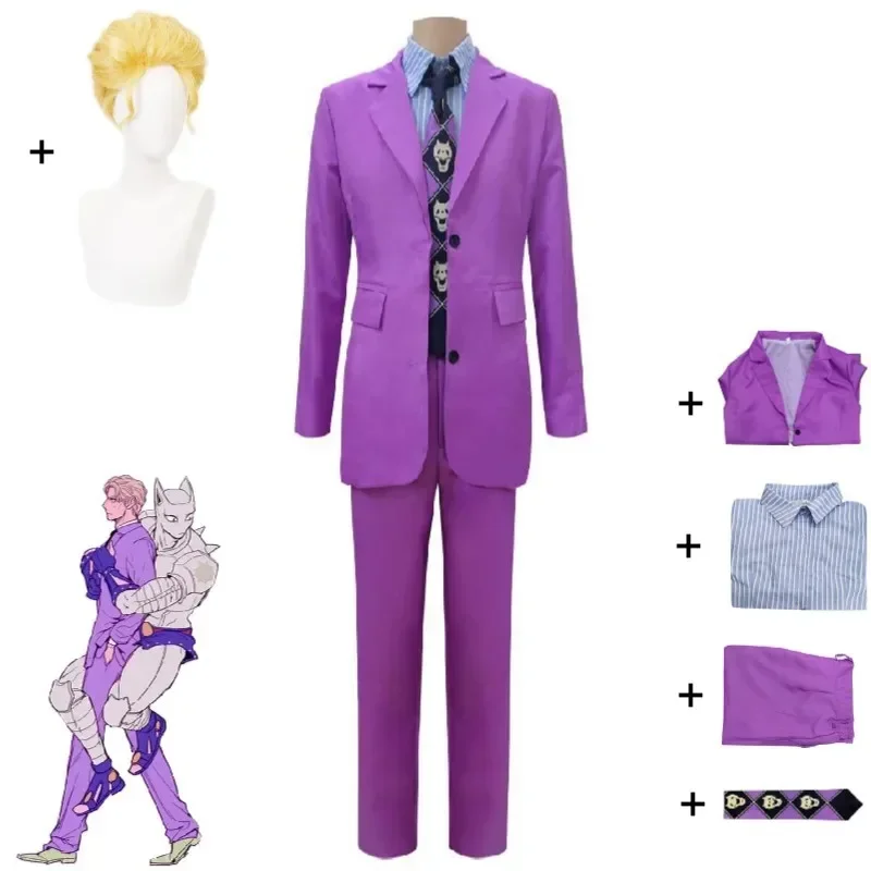 2025 New Kira Yoshikage Cosplay Costume Anime Jojo'S Bizarre Adventure: Diamond Is Unbreakable Halloween Purple Suit Wig For  AA