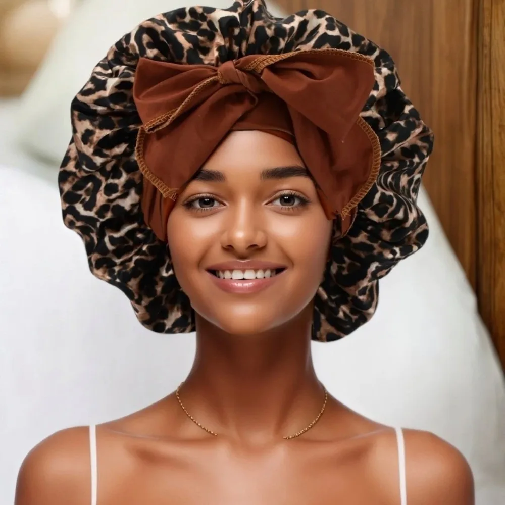 Silk Imitation Leopard Print Sleep Cap Breathable Comfortable Bowknot Decoration Satin Hair Bonnet Sleeping Hat Hair Care