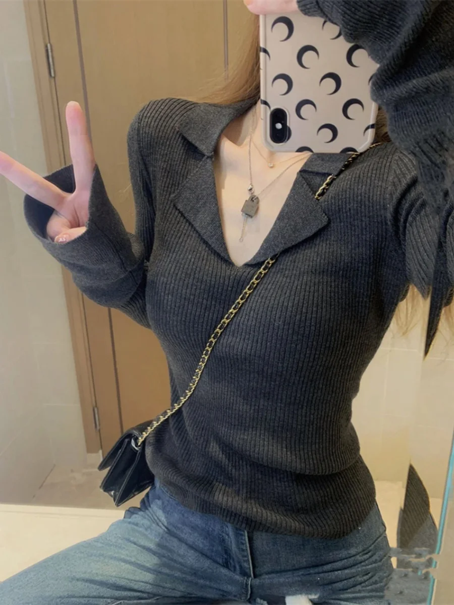 جديد خريف 2023 سترة نسائية محبوكة بقصة ضيقة قاعدة irt V-ne طويلة Sve طول منتظم للتنقل Sle لون نقي #2