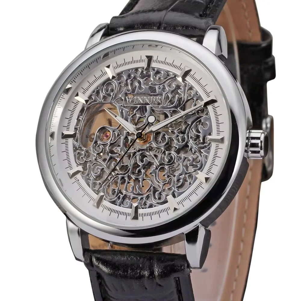 WINNER Fashion trend men's and women's watches hollow design leather strap automatic mechanical watches
