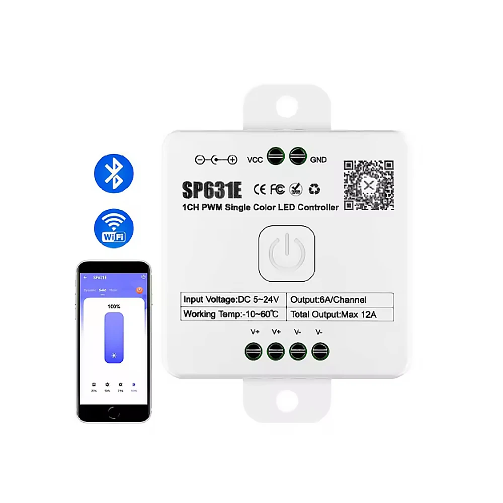 SP631E 1CH PWM Monochrome LED Controller - Bluetooth Music APP Control Group Function 5-24V for Lighting Control