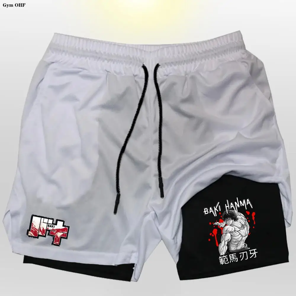 

Anime Baki Hanma Mens Shorts Sport 2 in 1 Gym Jogging Running Training Breathable Fitness Double Layer Hidden-Pocket Short Pants