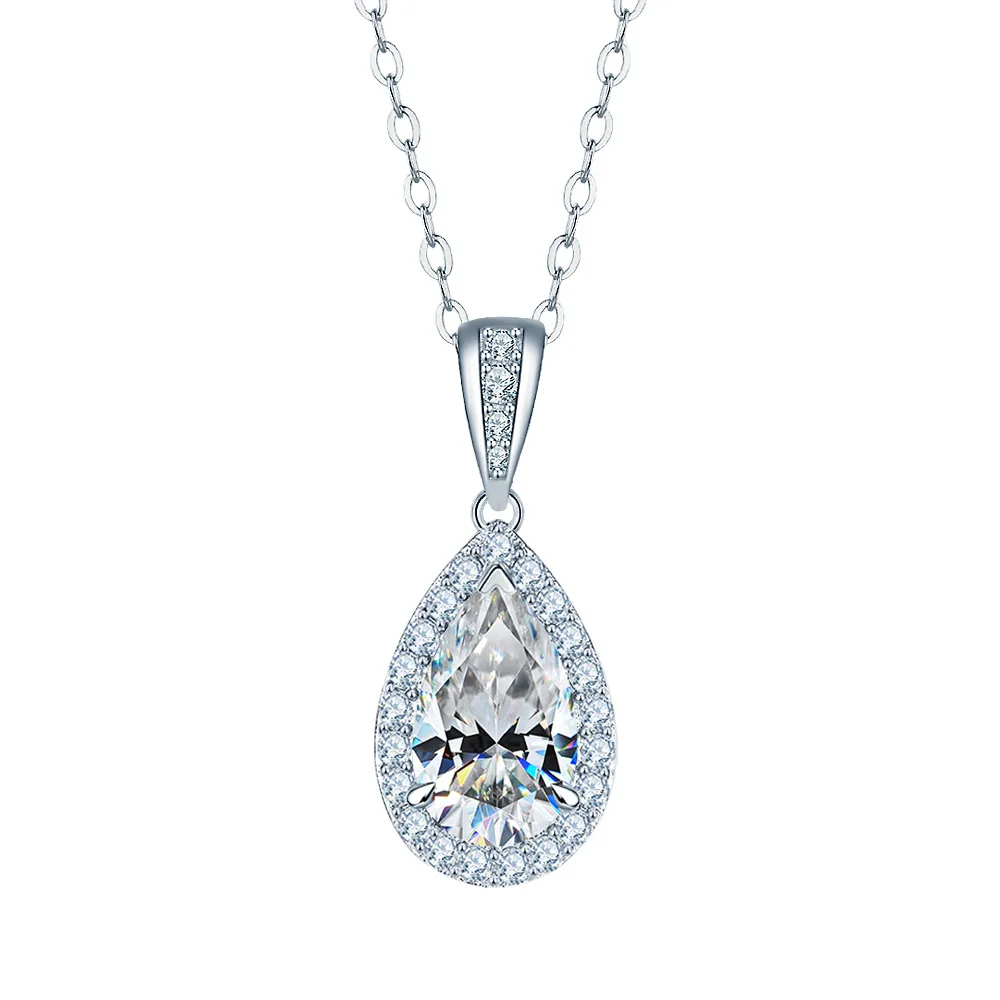 

1CT D Color Moissanite Pear-Cut Pendant Choker, S925 Sterling Silver Plated White Gold Necklace for Women
