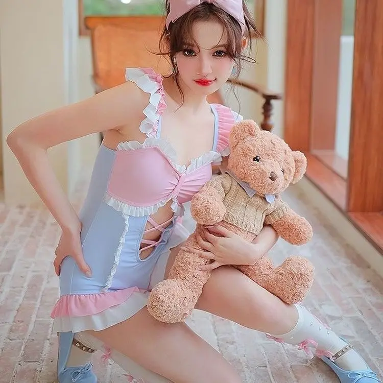 Kawaii Lolita Maid Style 1Piece Swimsuit Pastel Pink Blue Ruffle Lace Cutout Crisscross Bathing Suit Cute Sweet Girl Beachwear