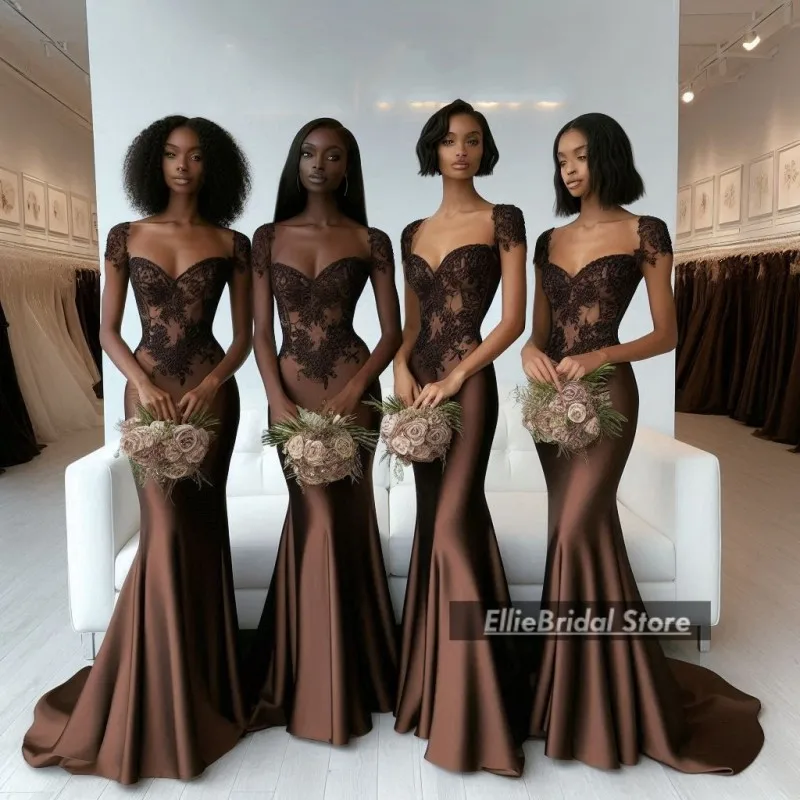 Chocolate Brown Bridesmaids Dresses For Wedding Cap Sleeves Lace Maid Of Honor Gowns robe de mariage femme d'honneur Customized