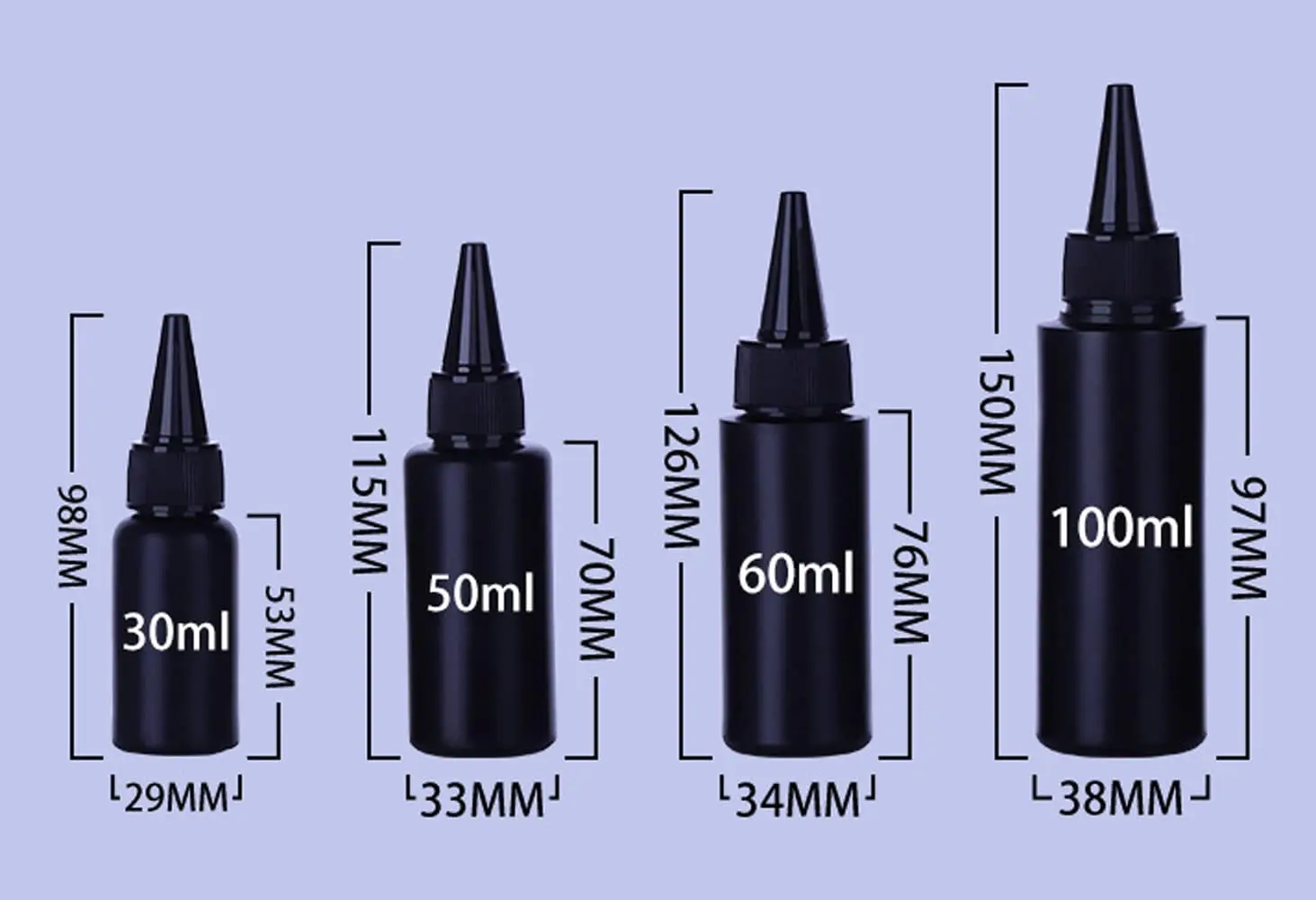 5 pezzi bottiglia morbida di plastica vuota cilindro in HDPE nero con tappi superiori rotondi neri a punta intrecciata, bottiglie di colla a prova di luce