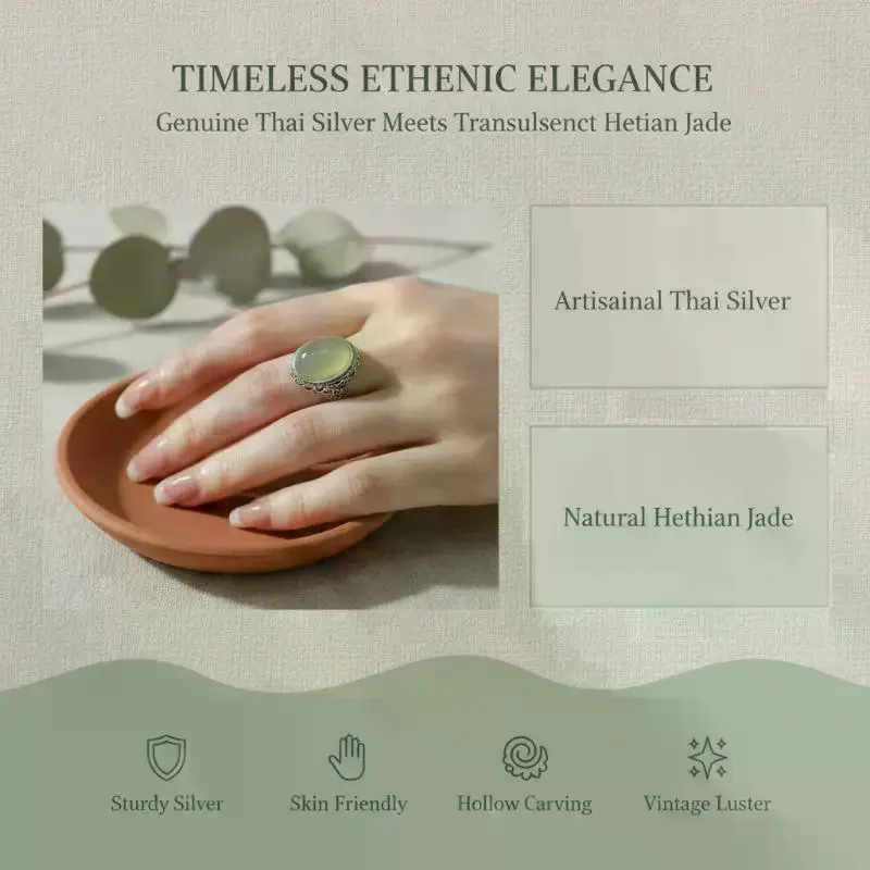 Ethnic Style Jade Egg-shaped Ring For Lady Finger Accessories Vintage Relief Flower Ring Women Jewelry Adjustable