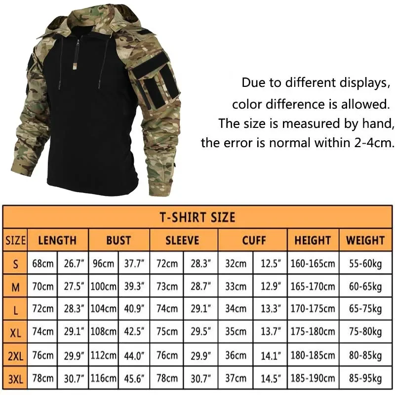 Outdoor Shirts Camo Combat T-Shirt Hooded Men Tactical Shirt Airsoft Paintball Training Hiking Hunting Clothing Wear-resisting