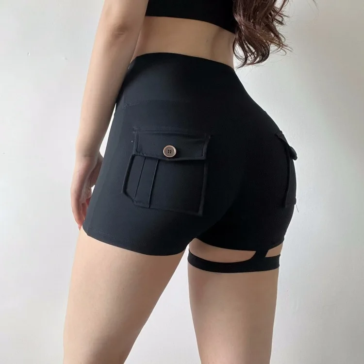 Sexy Peach Hip Yoga Shorts Womens Pocket Button Gym Leggings High Waist Push Up Tights Leg Ring Sports Pants Fitness 2024 Summer