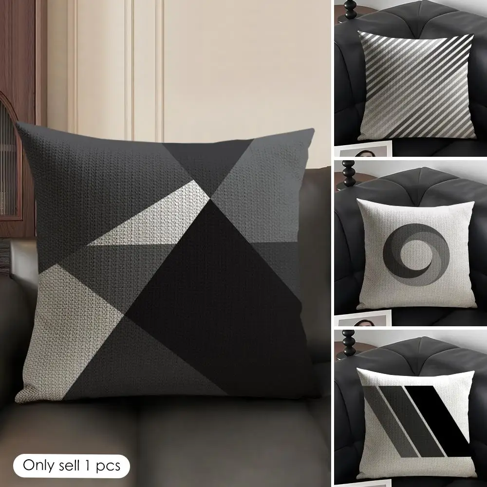 Black And White Gray Geometric Cushion Cover Natural Linen Organic Fabric Double-Sided Printing Sofa Home Decor Gift Pillow Case