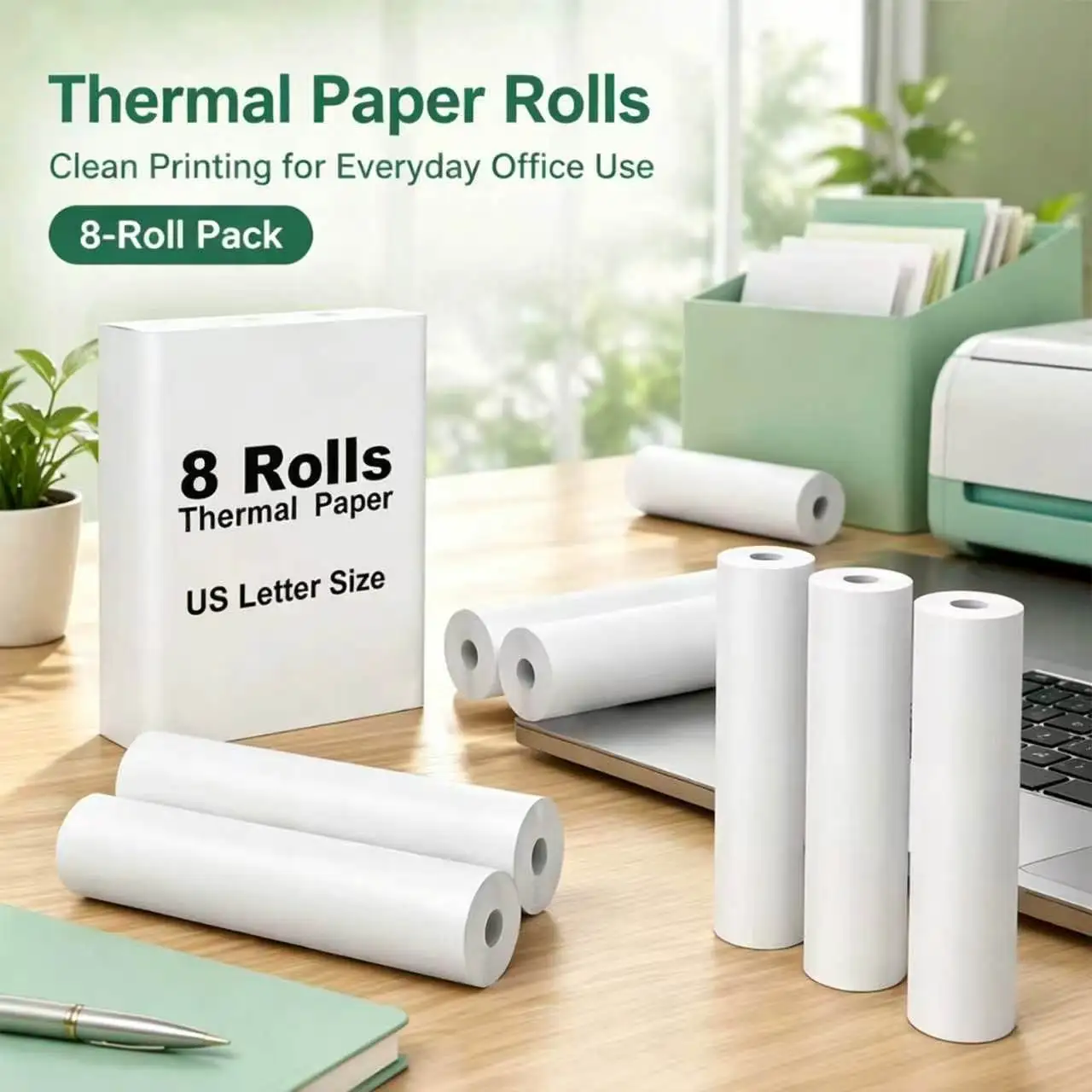 8-roll Thermal Printer Paper (Cylindrical), 8.26 X 11.69 Inches (US Letter Size), Quick-drying Thermal A4 Paper, Premium A4 Paper, Compatible with Most Portable A4 Printers