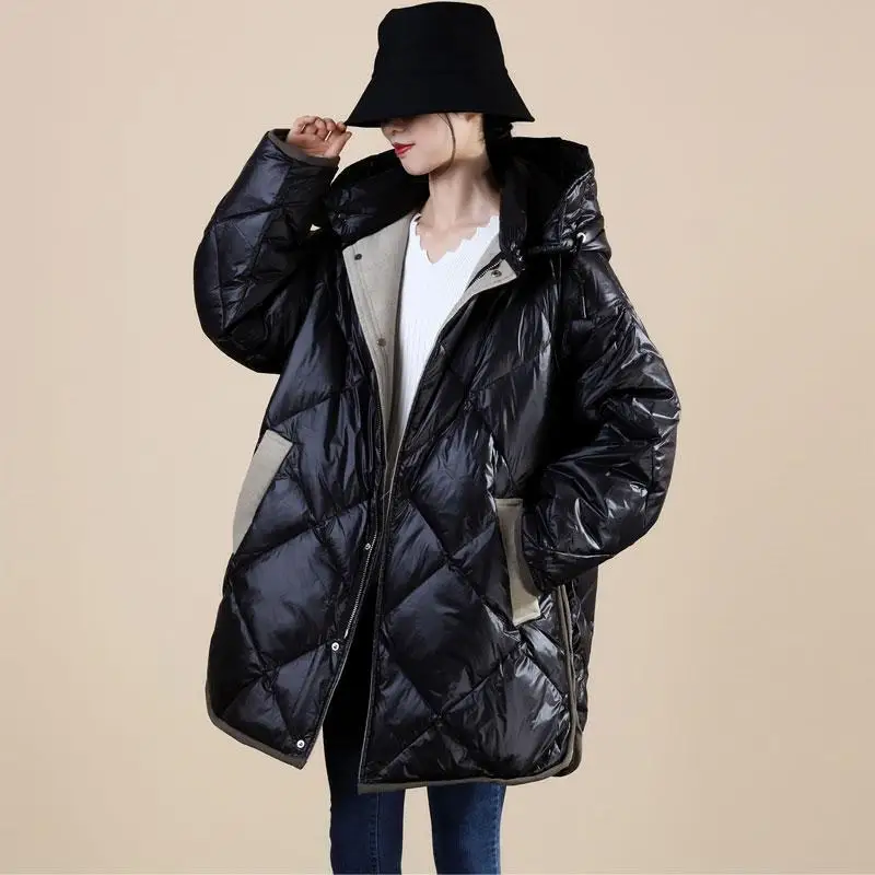 

Новая зимняя женская пуховая куртка свободного кроя с капюшоном и вставками из искусственной шерсти