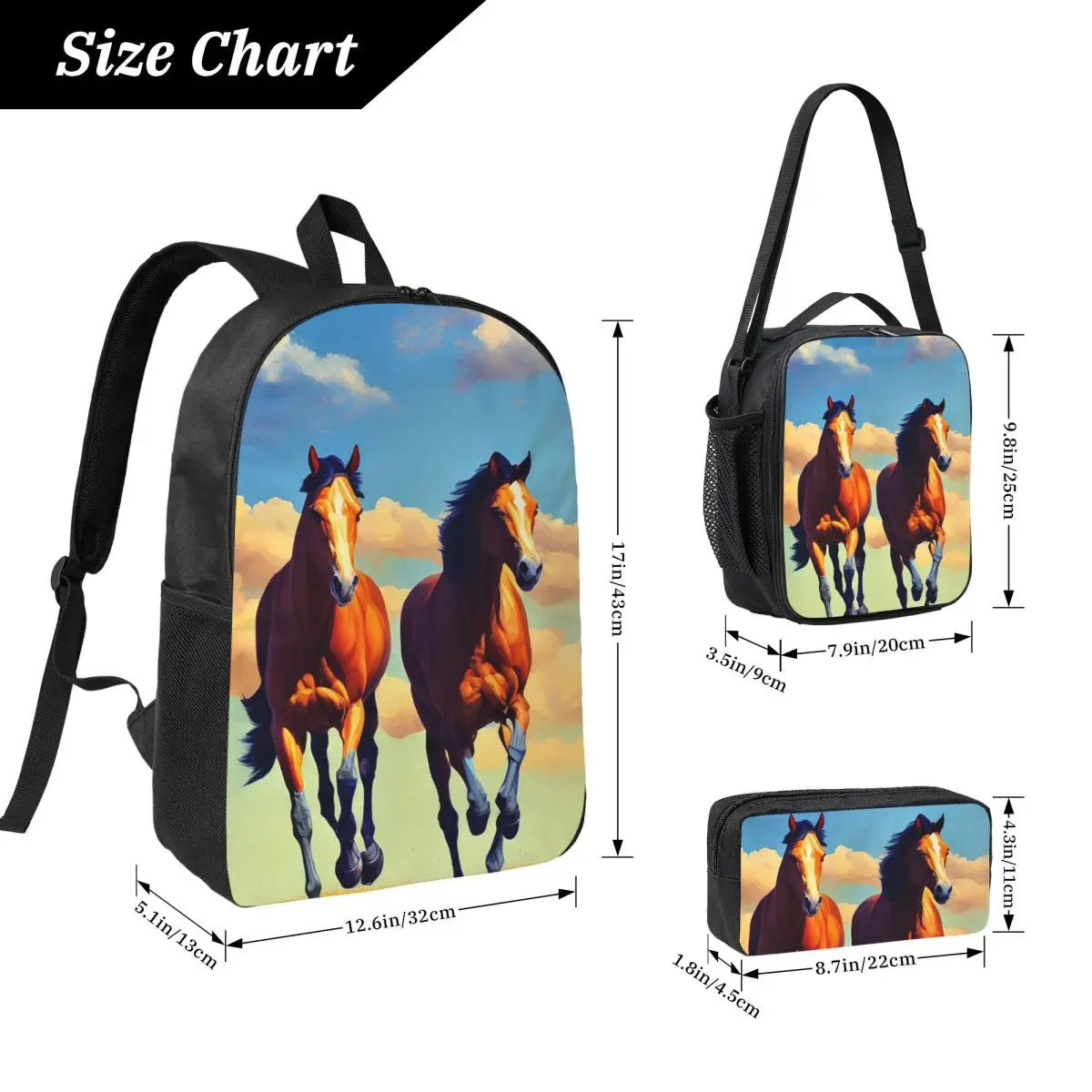 Running Horse And Equestrian Backpack Student BookBag School Bag Laptop Shoulder Bags 3ps Insulated Lunch Bag Pencil Case