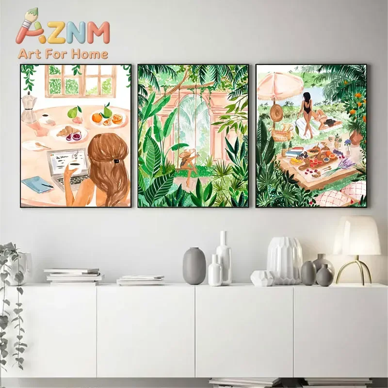 Beach Pool Moroccan Tropical Jungle Swing Meadow Wall Art Canvas Painting Posters and Prints Wall Pictures for Living Room Decor