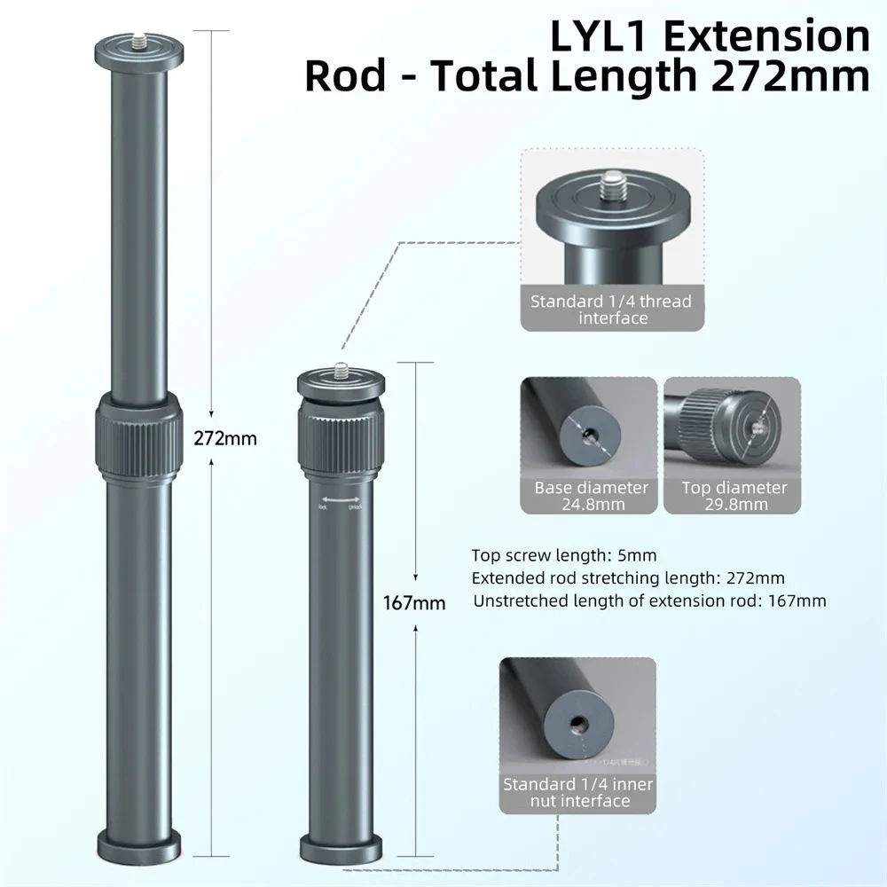 All Metal Aluminum Alloy Tripod Stand with Central Axis Extension Rod Stretchable Desktop Selfie Stick