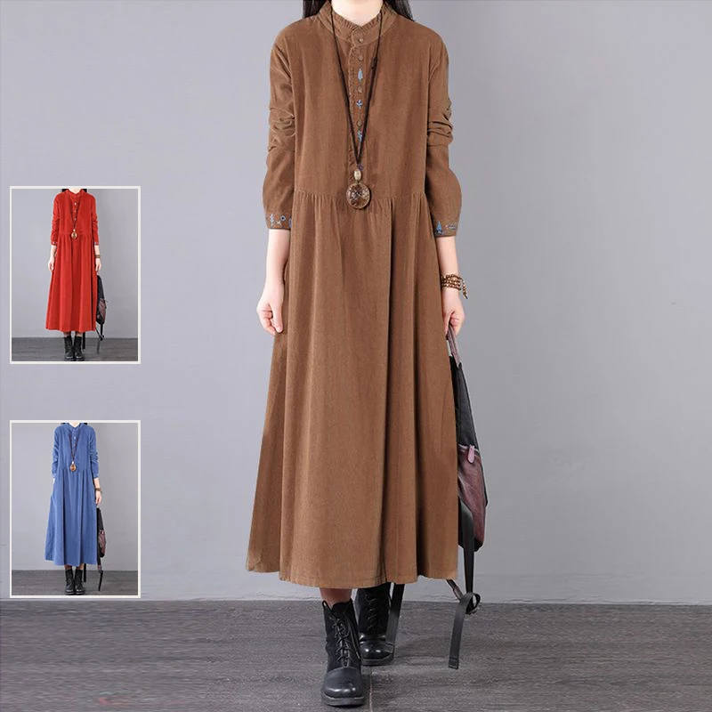 

Длинное платье трапециевидной формы в стиле ретро с вышивкой, вельветовое платье большого размера, женское осеннее длинное платье с деревянными ушками и кружевным воротником, длинное свечное платье, повседневное