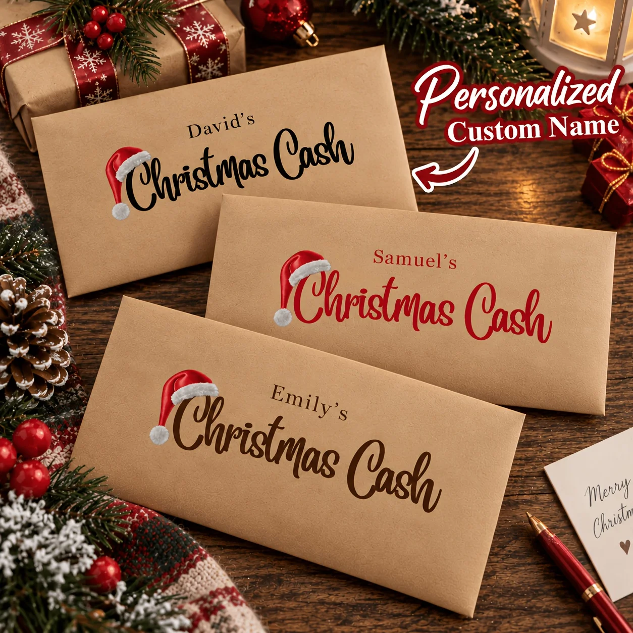 Personalized Christmas Cash Envelopes – Custom-Named Gift Envelopes, Santa Hat-Style, Ideal for Holding Christmas Gift Cards